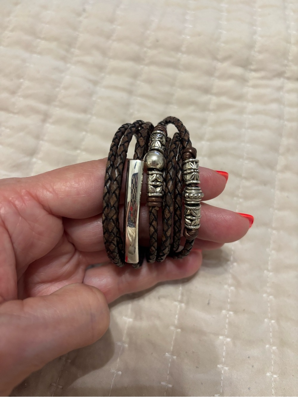 lizzy Jame Genuine Braided Brown Leather Wrap Bracelet with Silver Accents 7”